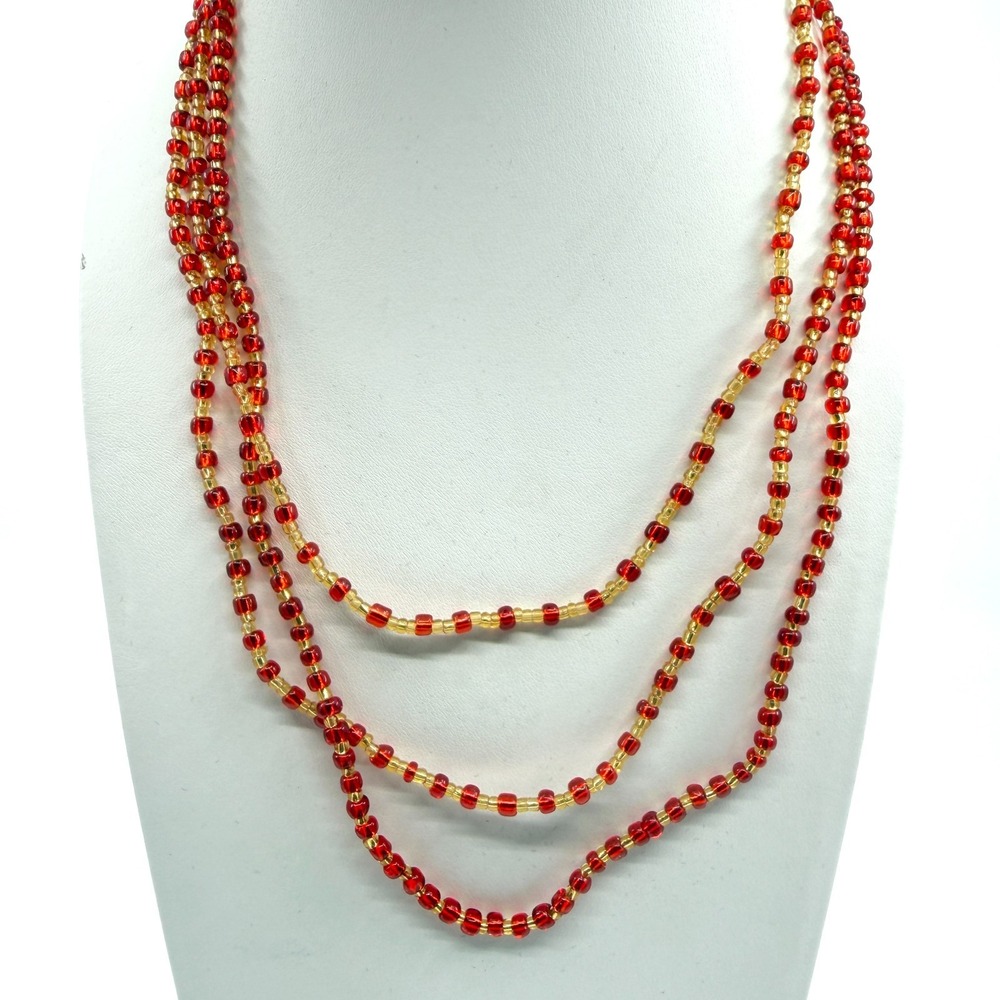 Y2K Red & Gold Multi-Strand Beaded Layered Necklace Statement Accessory